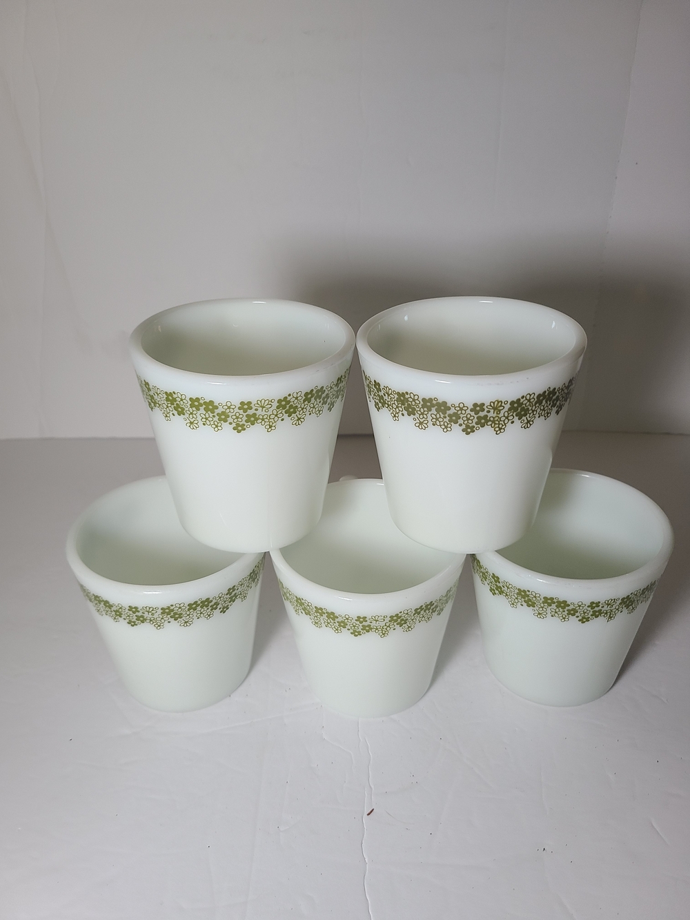 Vintage Pyrex White Milk Glass Planter Cups with Green CraY Daisy - Set of 5